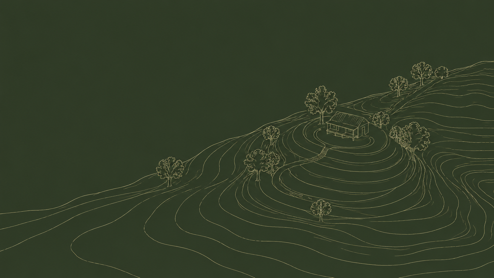 Contour lines wrapping a hillside with a small house and scattered trees