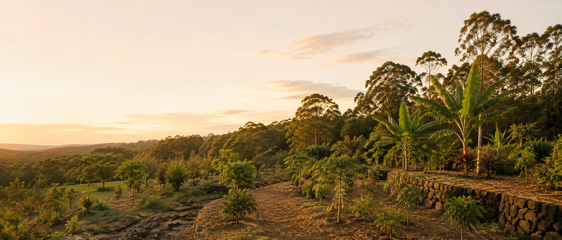 A Southeast Queensland acreage food garden at golden hour, beds following the contour