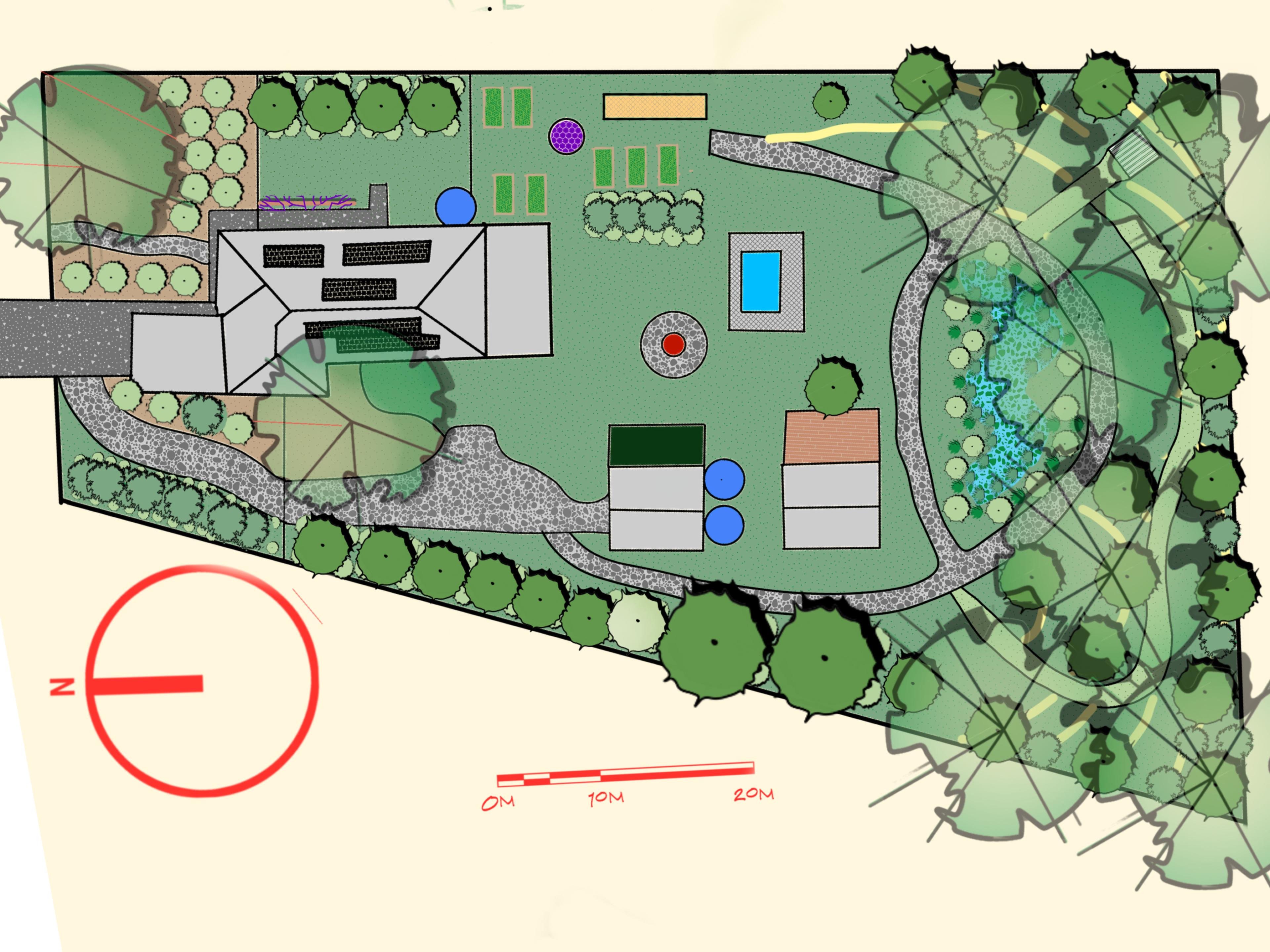 A finished Stillfoot permaculture design showing food forest guilds, boundary planting, and pathways