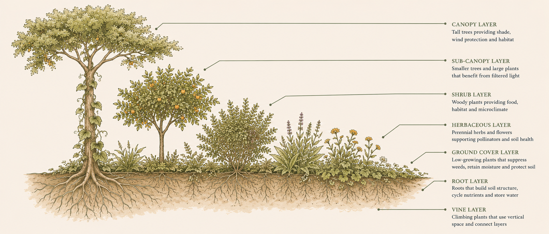 The layers of a food forest, from canopy trees down to root and vine, and what each one does