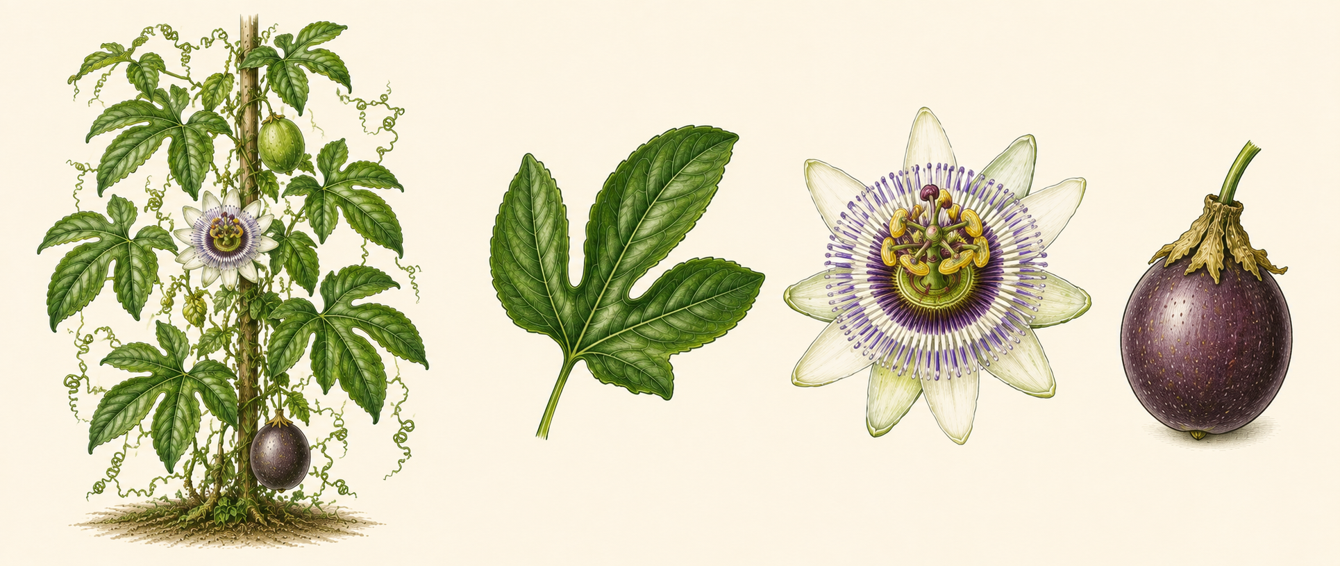 Botanical illustration of Common Passionfruit