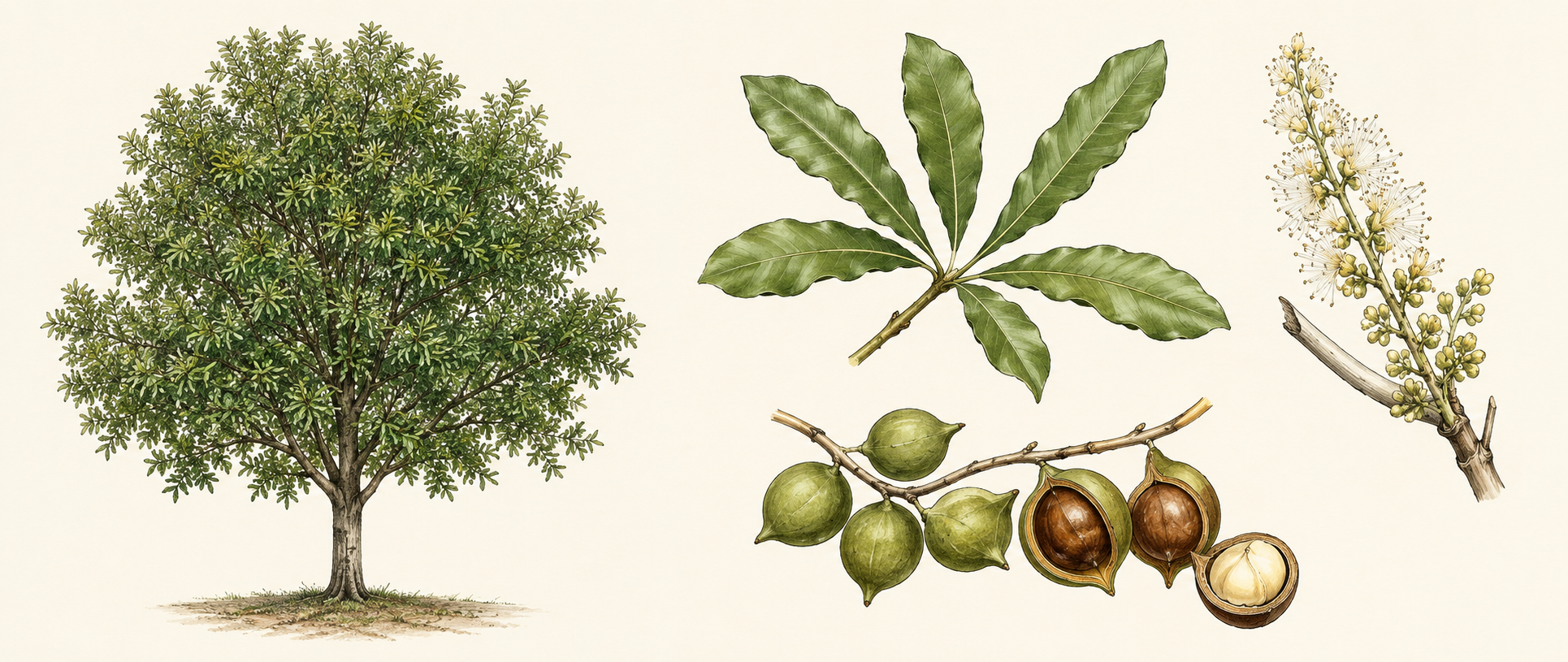Botanical illustration of Macadamia