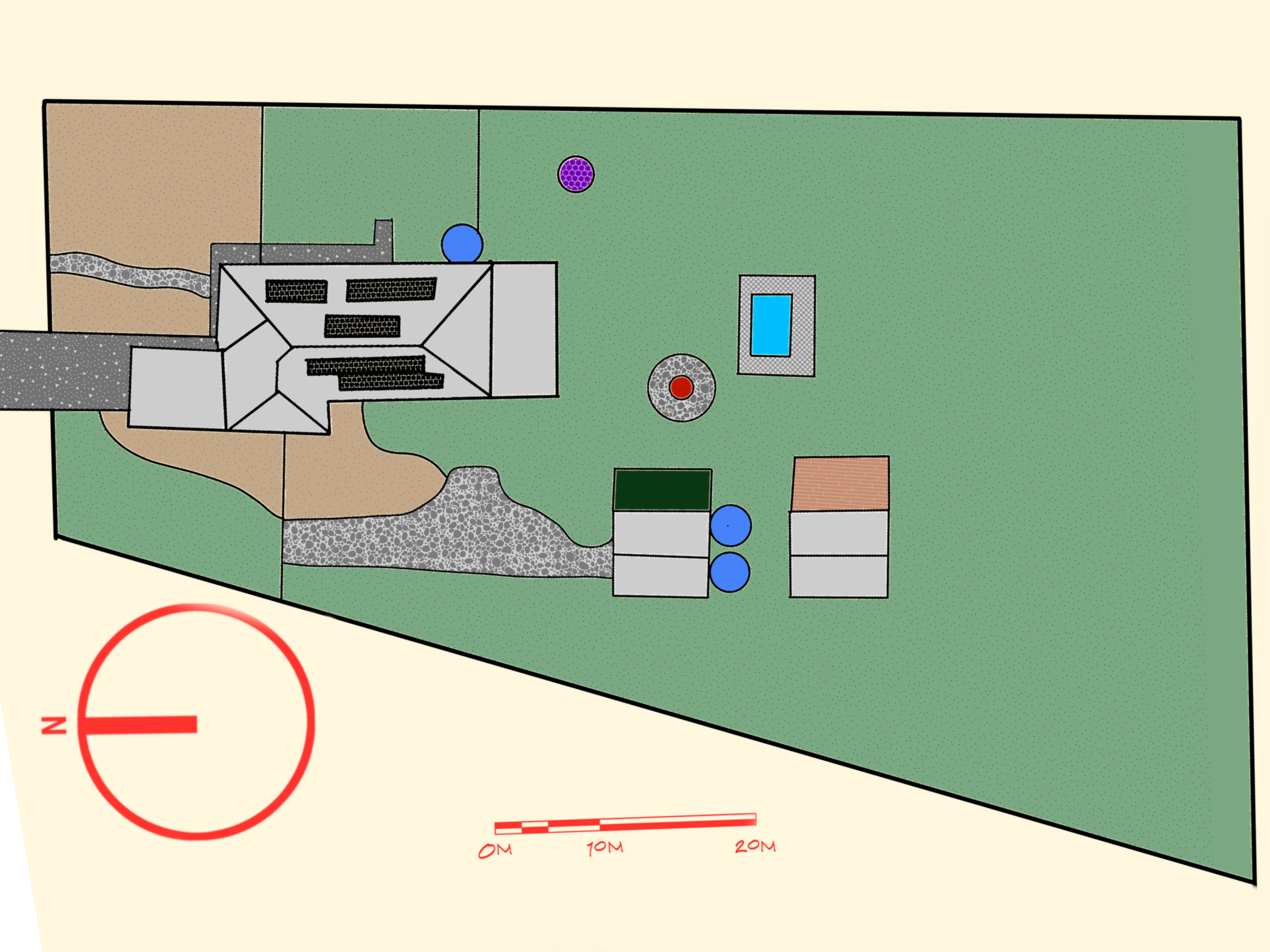 The base map for Jake's property, showing existing structures, driveways, and boundaries before any design was drawn